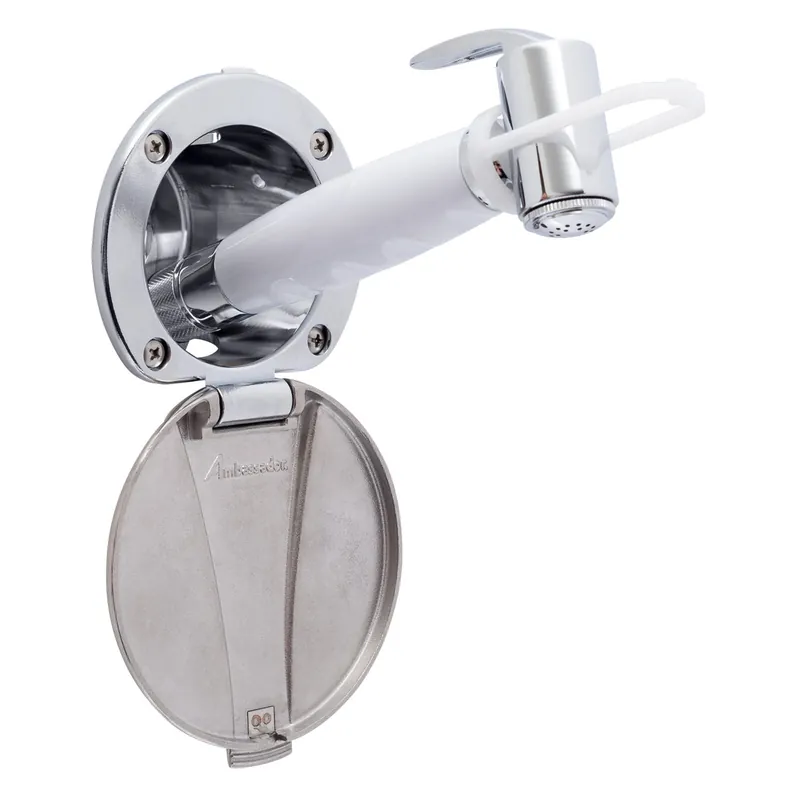 Secure Checkout Ambassador Marine 136-0043-CA-R Recessed Shower- Chrome Cup with Stainless Steel Lid, Hammer-Head Arctic White Sprayer, 6' Stainless Steel Hose